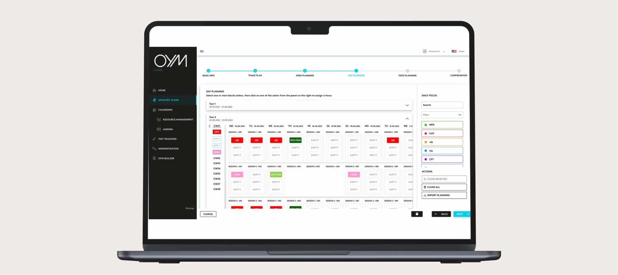 Thanks to the OYM Planner tool, training planning is simple and efficient. Coaches can define training phases with goals and create weekly and daily plans. The Planner clearly shows what is planned for each athlete or team. Thanks to the Office365 integration, training sessions are automatically sent to all participants and rooms as Outlook appointments, which makes coordination easier and saves time. 