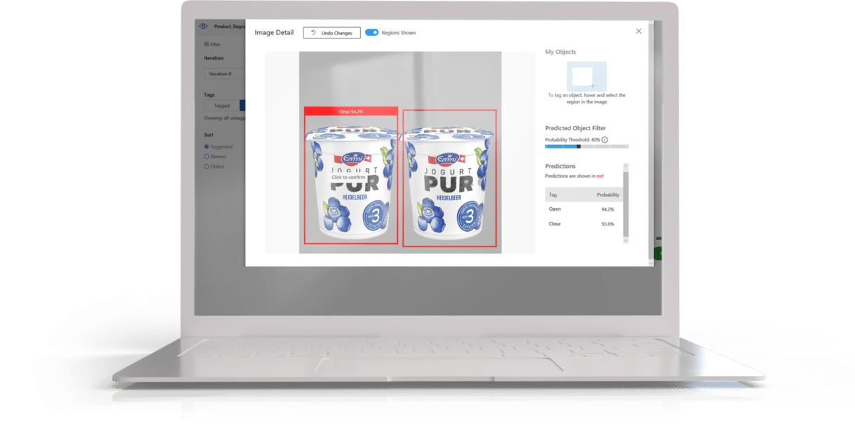 The AI application reads images of the packaging taken by a camera. These images are analysed to ensure that each product has the correct packaging. The AI automatically recognises whether the correct lid has been used for the yoghurt in question and immediately reports any deviations. This allows the quality of production to be monitored in real time and ensures that only faultless products are processed further.